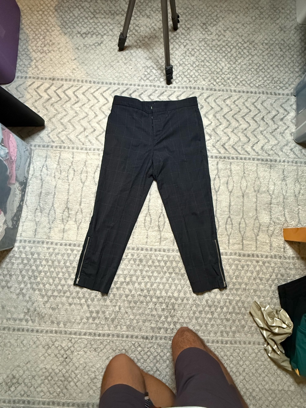 All Saints Navy Pinstripe Dress Pants with Ankle Zips